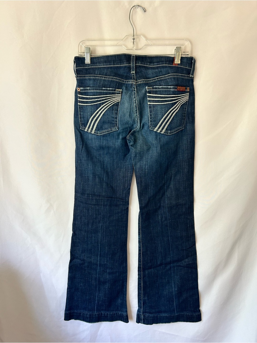 7 For All Mankind Dojo Dark Blue Bootcut Jeans with White Pocket Stitching